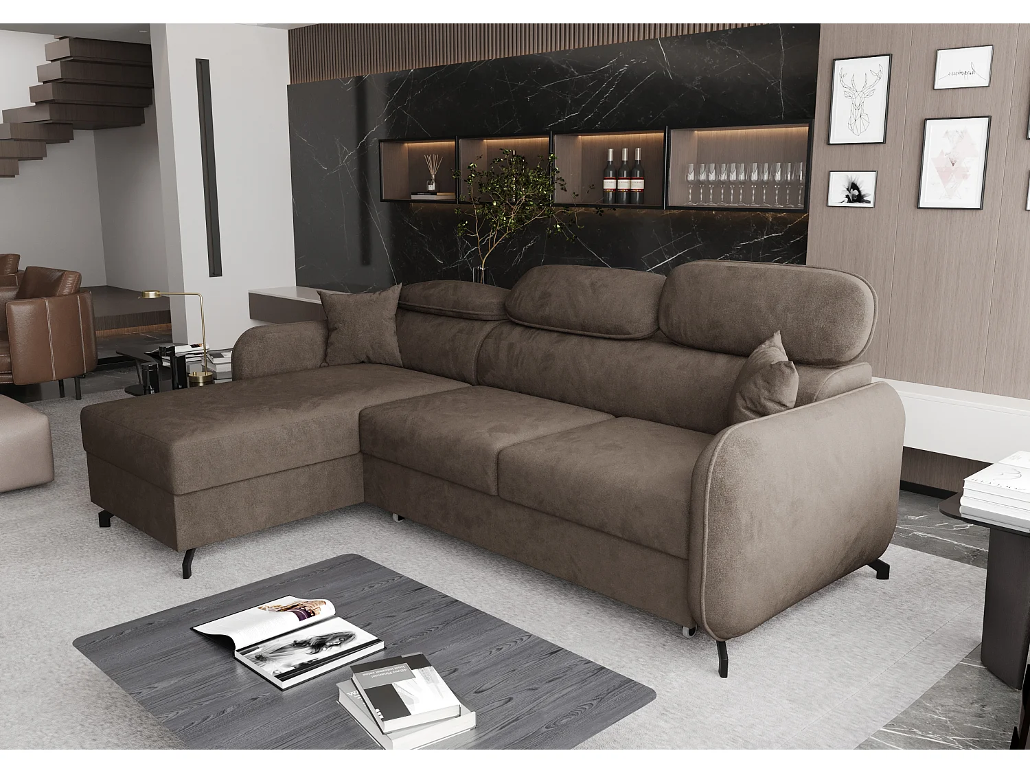 AX LIVING Hoekbank L vorm Ribella 265 cm in Bruin met Slaapfunctie L