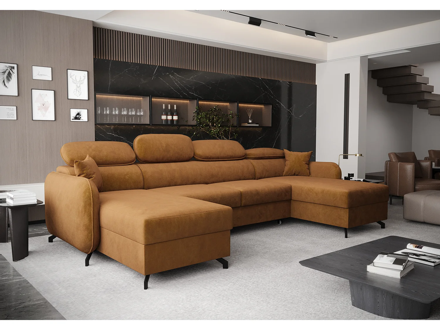 AX LIVING Hoekbank U vorm Ribella 345 cm in Amber met Bedfunctie