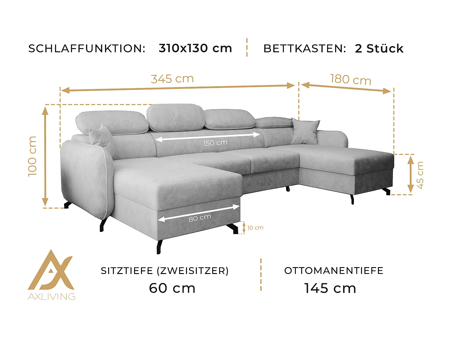 AX LIVING Ecksofa mit Schlaffunktion Ribella 5 345cm Bernstein U-Form