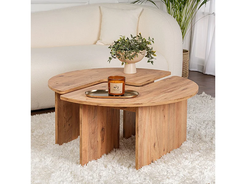 Runder Duo-Couchtisch aus Pinie Atlantik 90 cm modular aus Holz - Set mit 2 Couchtischen