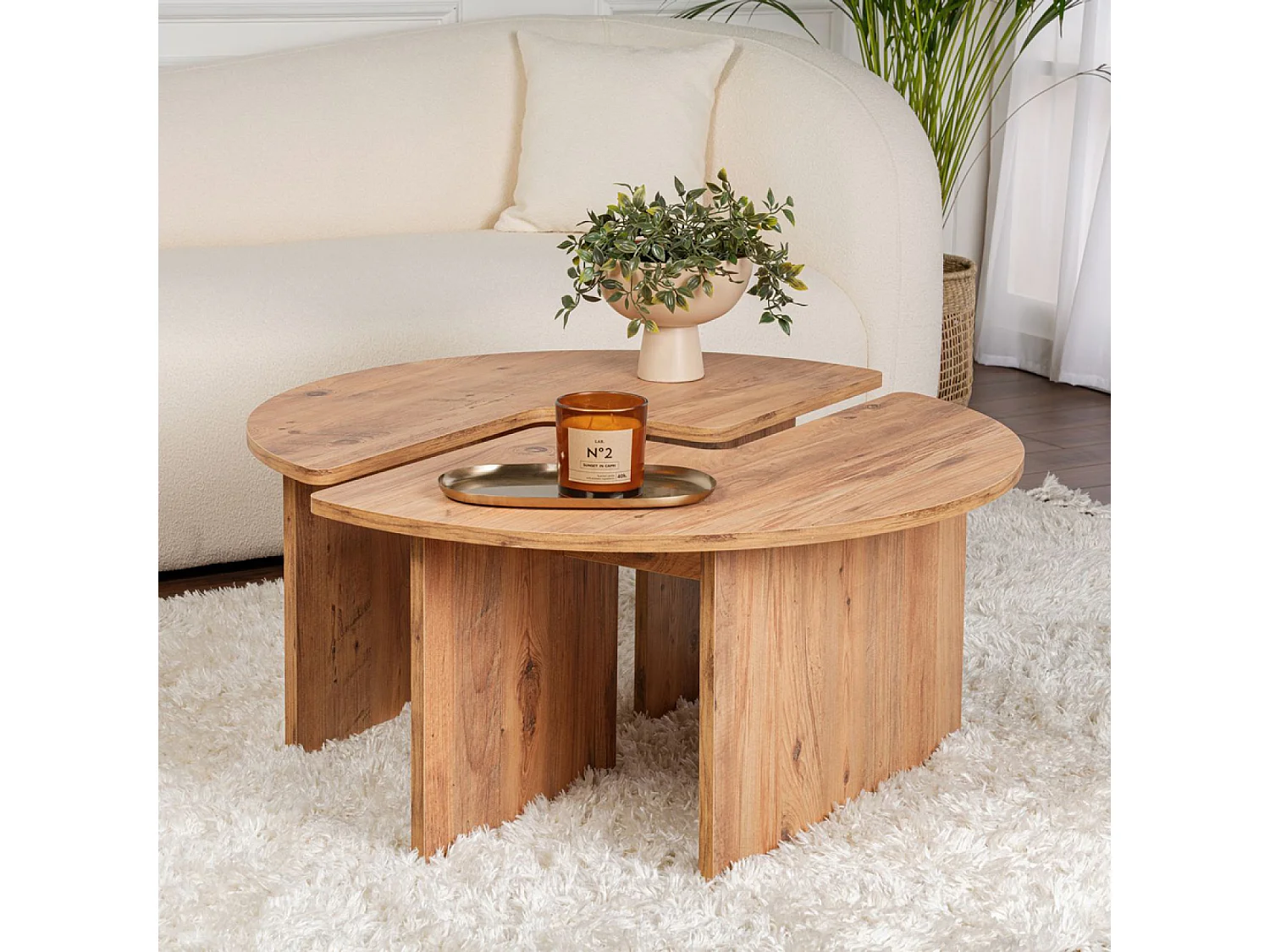 Mesa de centro redonda duo em pinho atlântico de 90 cm modular em madeira - Conjunto de 2 mesas de centro