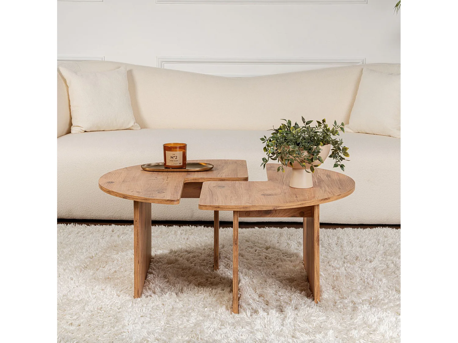 Mesa de centro redonda duo em pinho atlântico de 90 cm modular em madeira - Conjunto de 2 mesas de centro