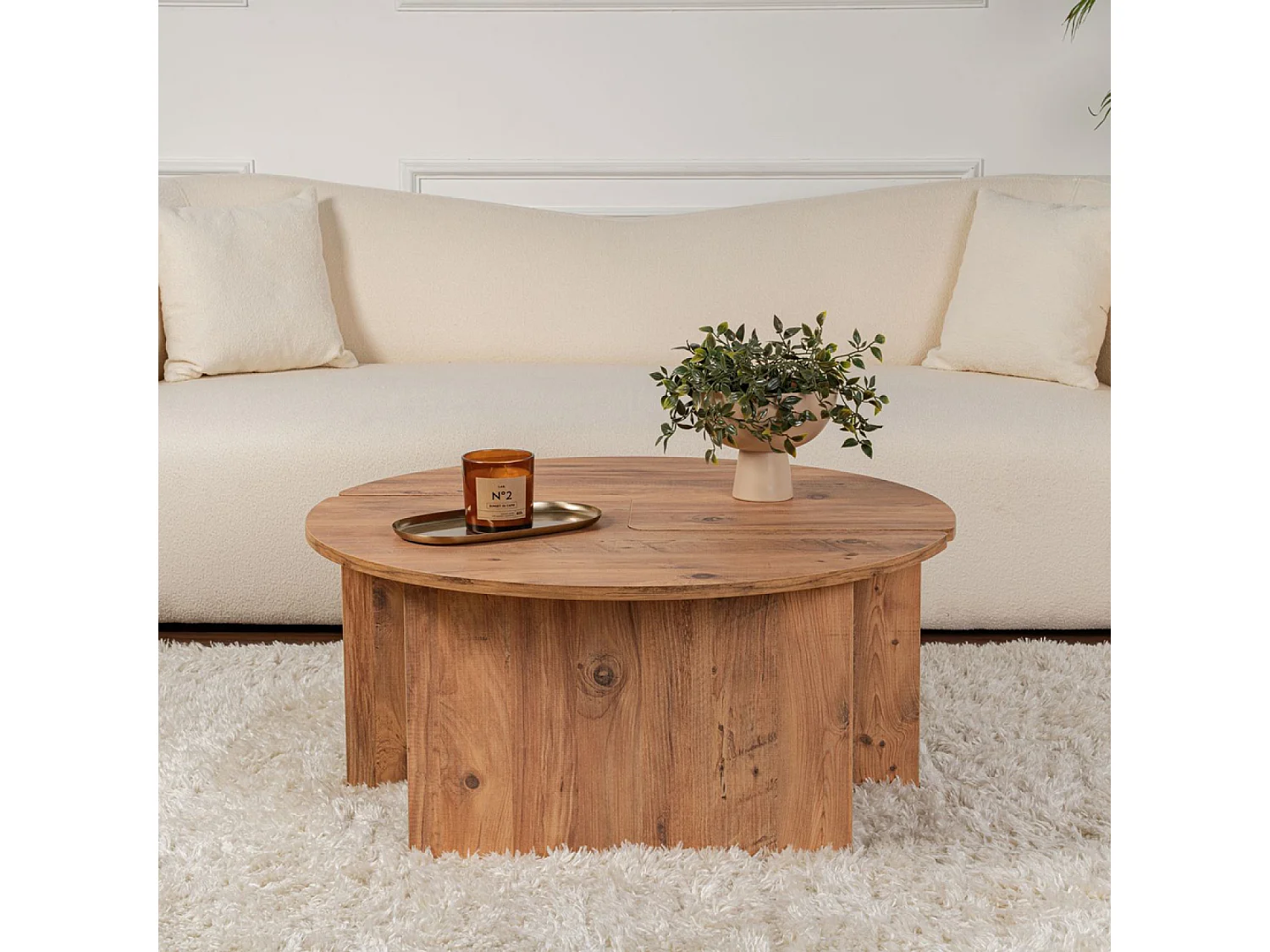 Mesa de centro redonda duo em pinho atlântico de 90 cm modular em madeira - Conjunto de 2 mesas de centro