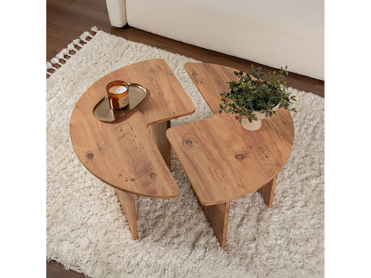 Mesa de centro redonda duo em pinho atlântico de 90 cm modular em madeira - Conjunto de 2 mesas de centro