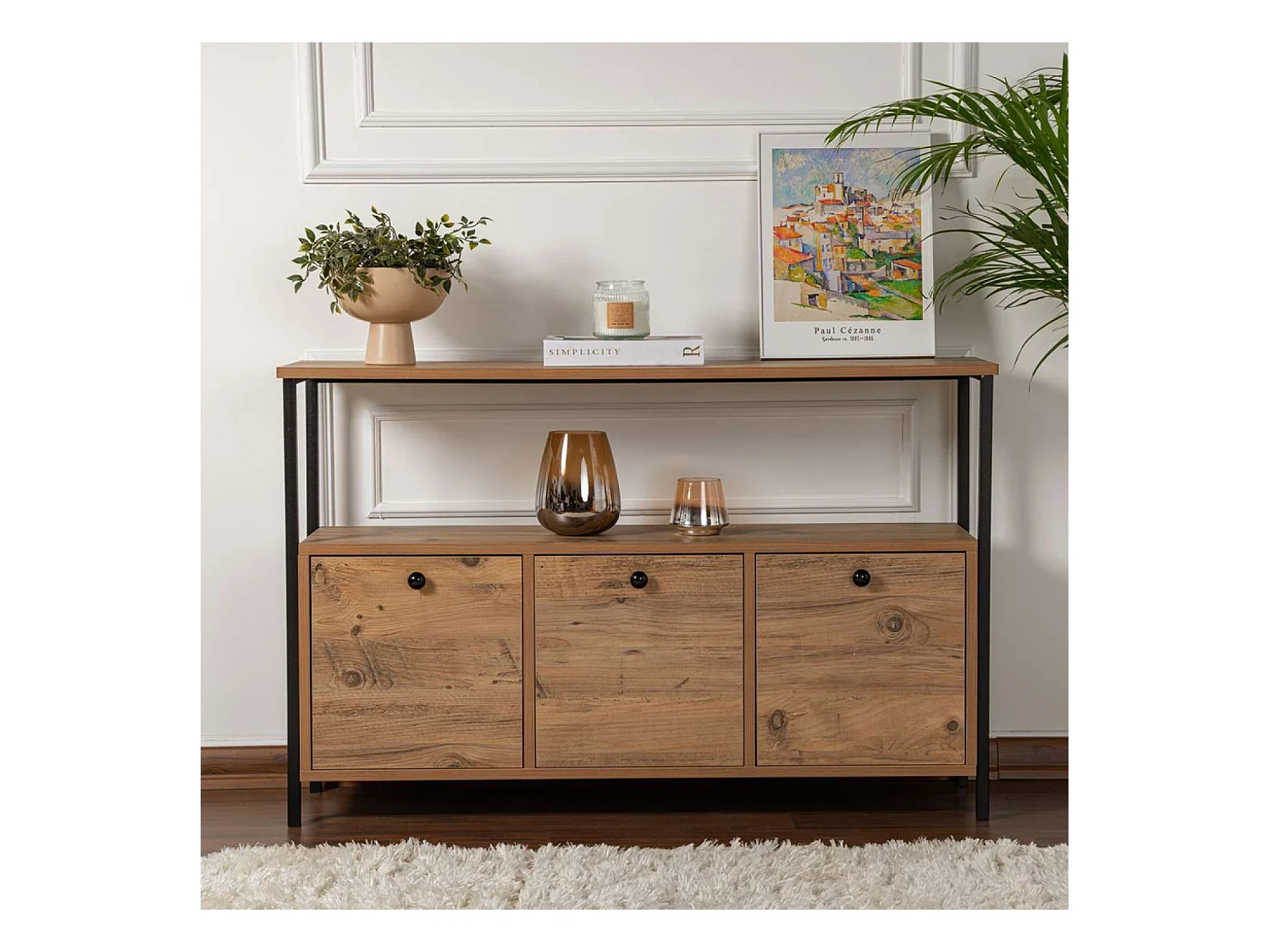 Console avec rangements bois et métal noir 120x77cm SOLIS