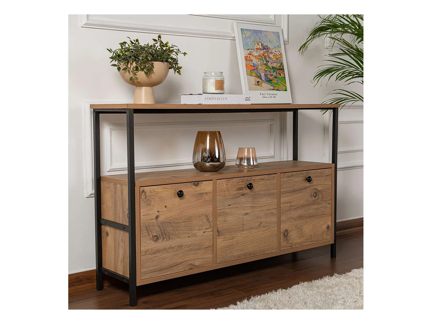 Console avec rangements bois et métal noir 120x77cm SOLIS