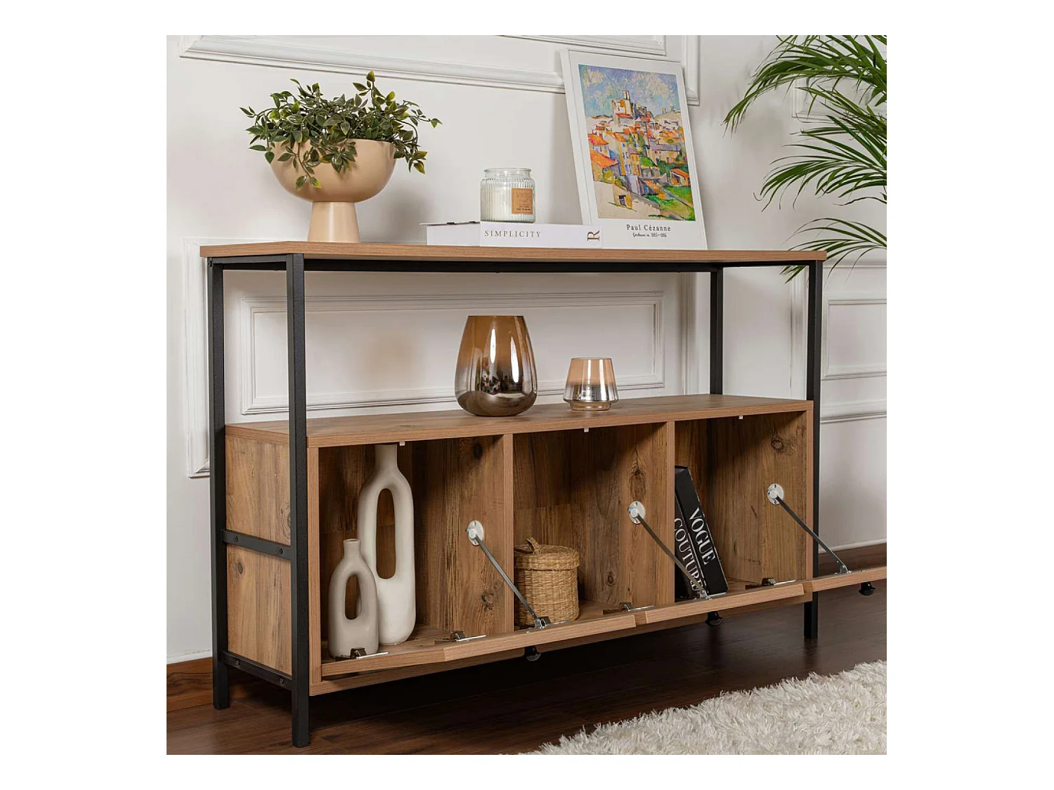 Console avec rangements bois et métal noir 120x77cm SOLIS