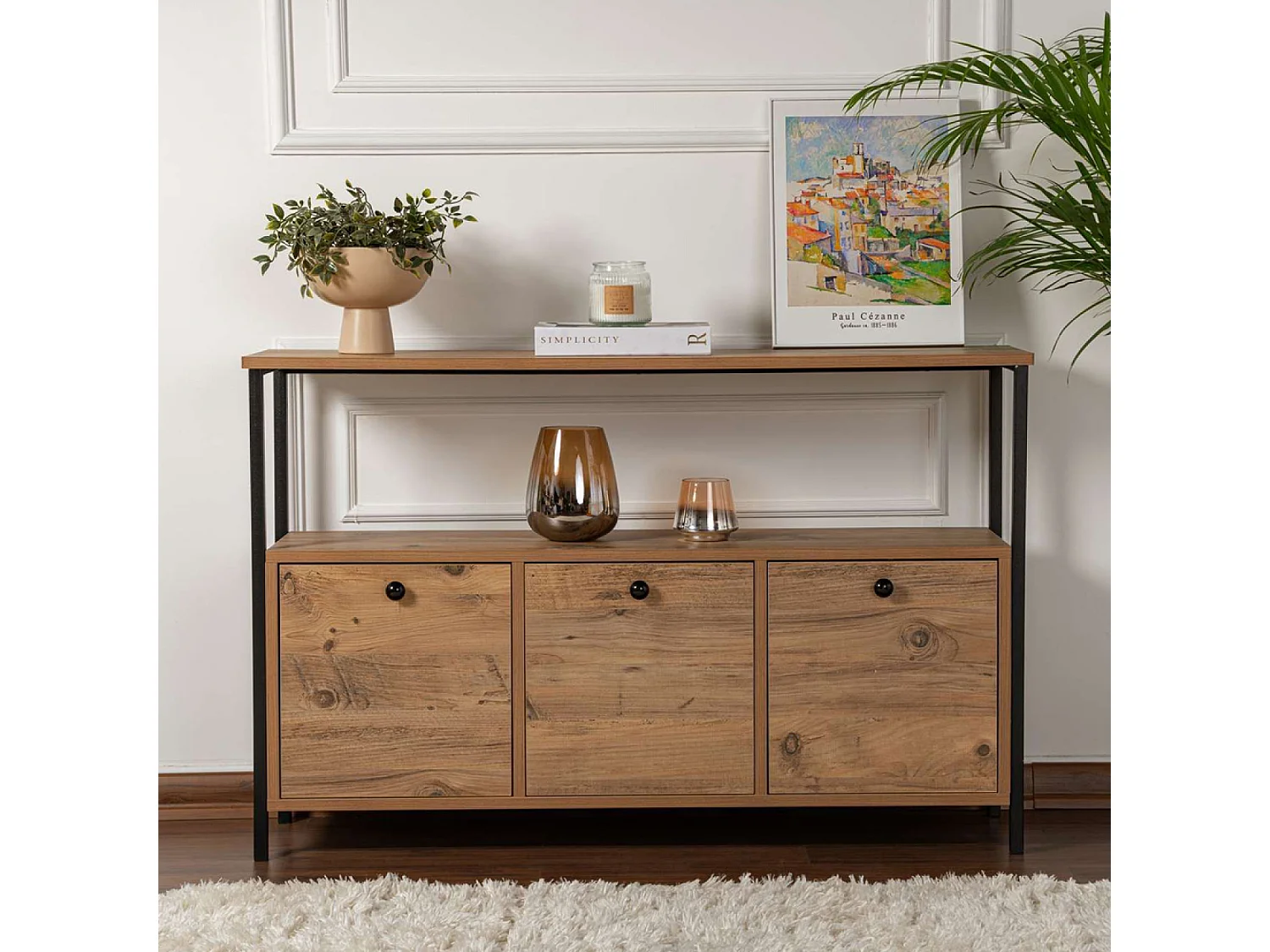 Industrielle Konsole aus Holz und schwarzem Metall 120x77cm mit Aufbewahrung und offenen Regalen