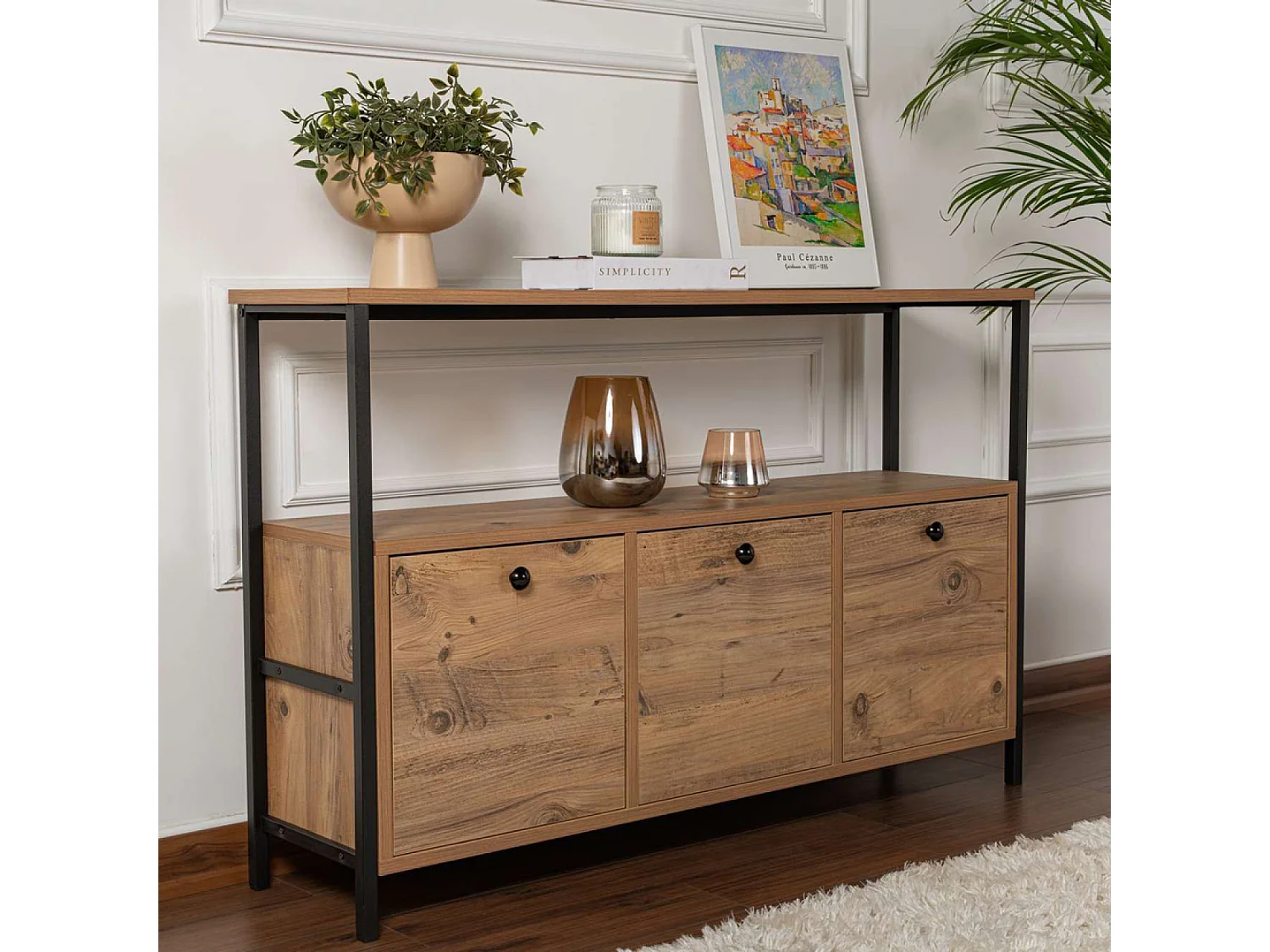 Industrielle Konsole aus Holz und schwarzem Metall 120x77cm mit Aufbewahrung und offenen Regalen