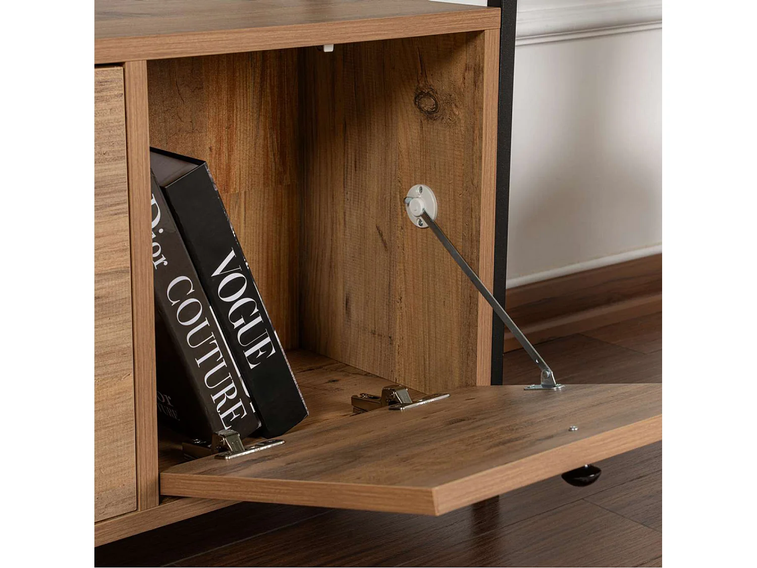 Industrielle Konsole aus Holz und schwarzem Metall 120x77cm mit Aufbewahrung und offenen Regalen