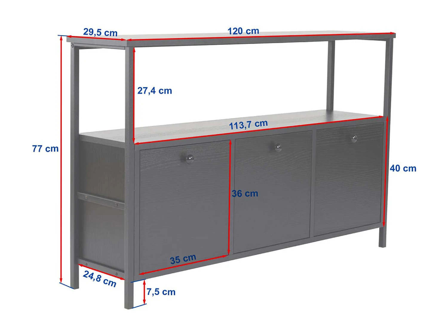Industrielle Konsole aus Holz und schwarzem Metall 120x77cm mit Aufbewahrung und offenen Regalen