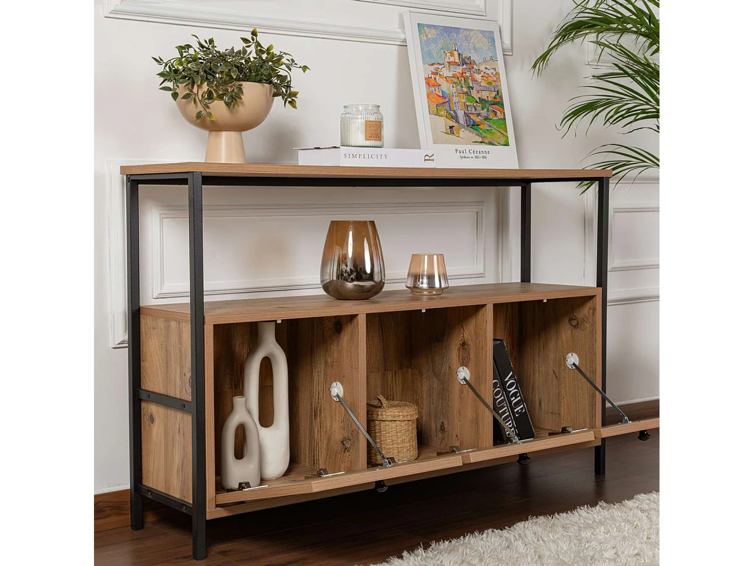 Console avec rangements bois et métal noir 120x77cm SOLIS