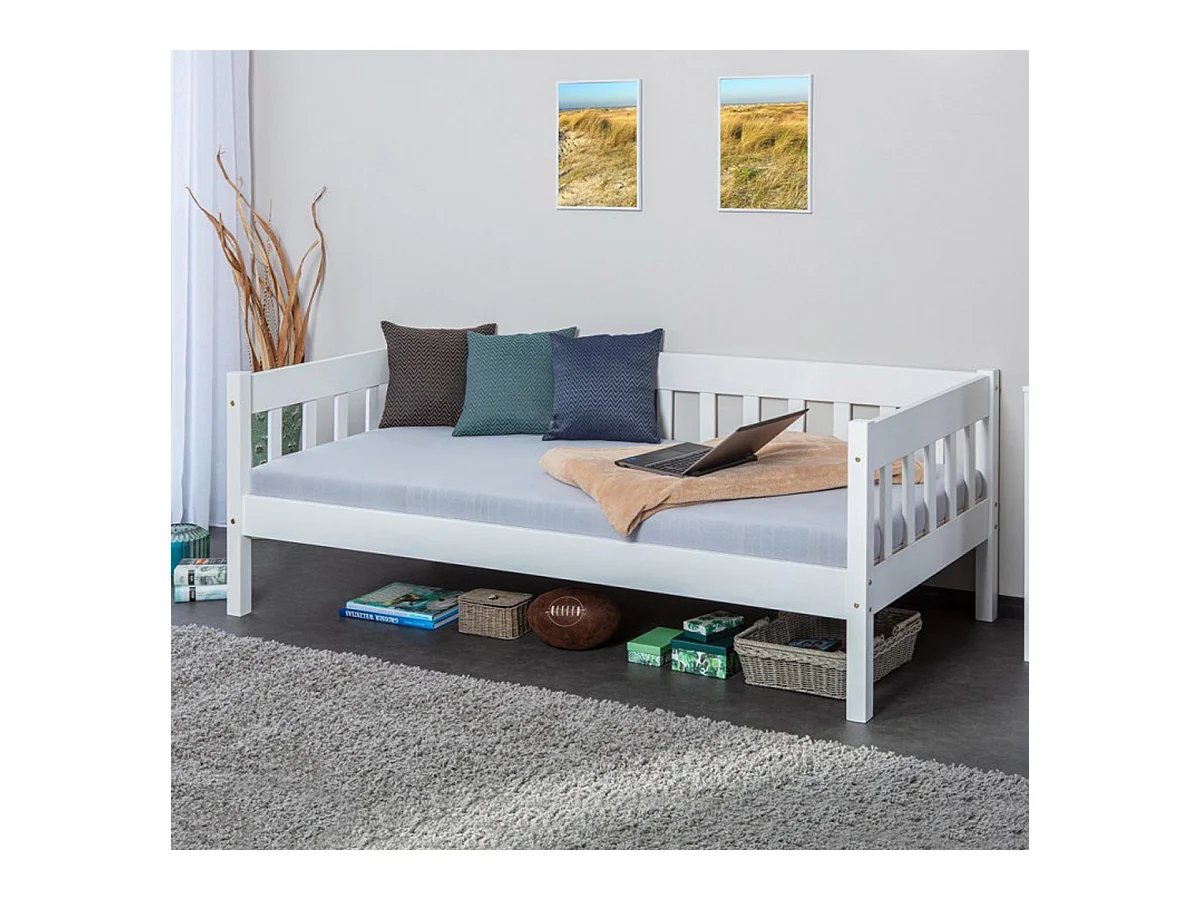 Lit banquette en pin massif coloris blanc - L.100 x H.70 x P.209 cm