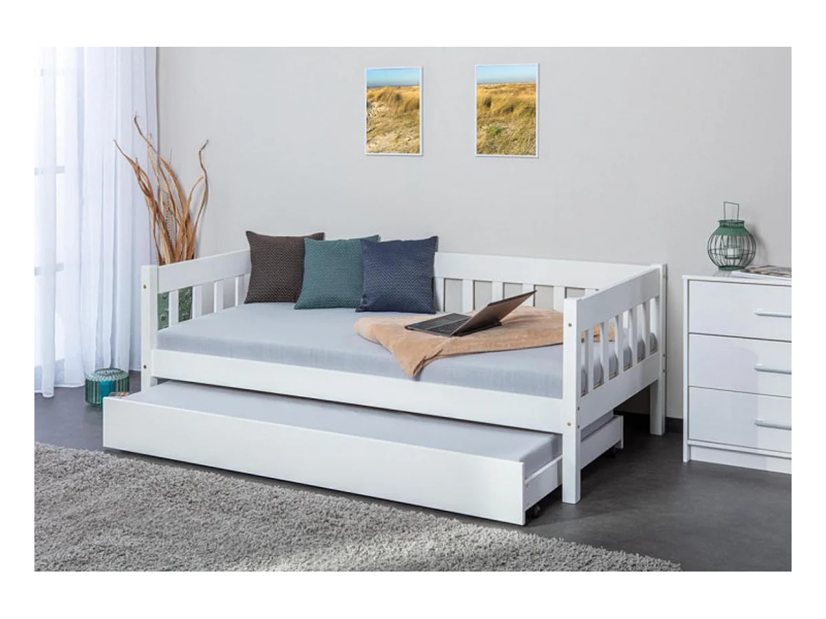 Lit banquette en pin massif coloris blanc - L.100 x H.70 x P.209 cm