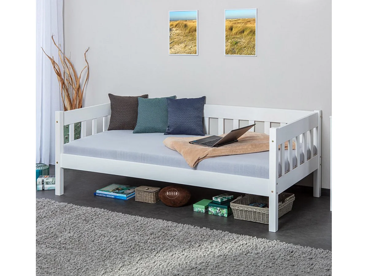 Lit banquette en pin massif coloris blanc - L.100 x H.70 x P.209 cm