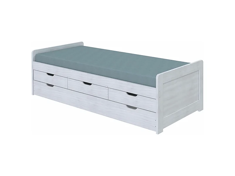 Lit enfant gigogne 90x200 cm avec rangements en pin massif coloris blanc - Longueur 205 x profondeur 98 x Hauteur 63 cm