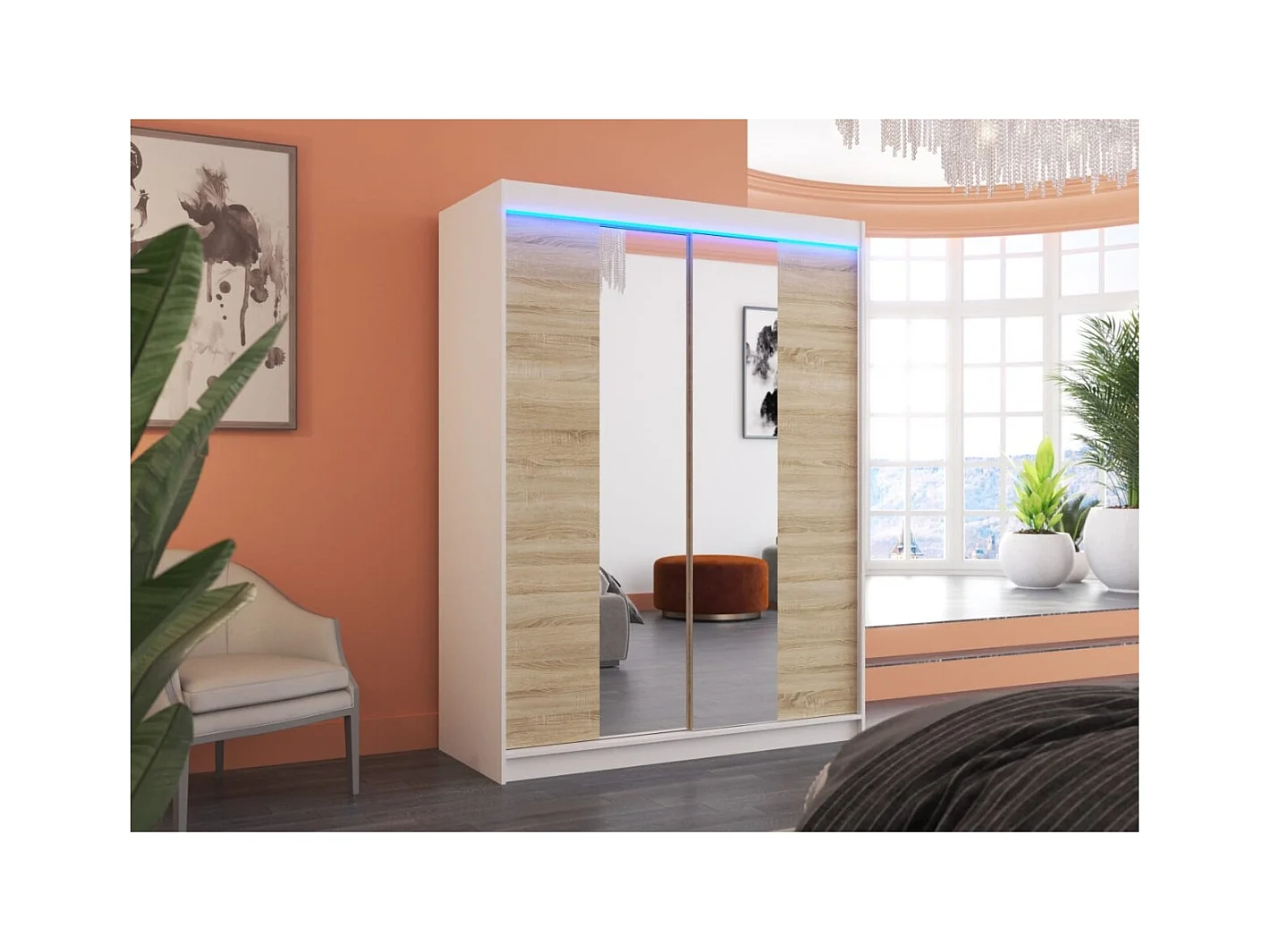 Armoire Ferran Lux (150cm)/portes coulissantes/miroir/LED/Blanc&Sonoma