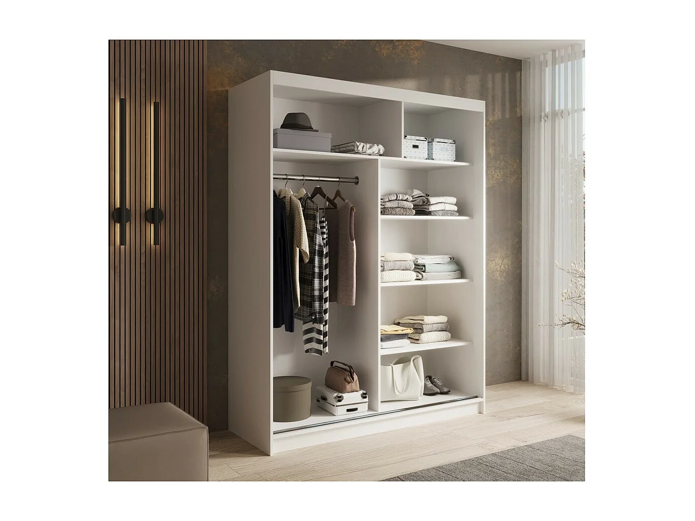 Kleiderschrank Ferran Lux (150cm)/Schiebetüren/Spiegel/LED/Weiss&Sonoma