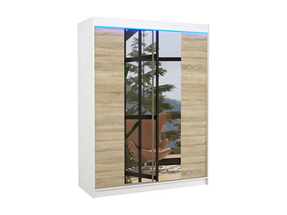 Kleiderschrank Ferran Lux (150cm)/Schiebetüren/Spiegel/LED/Weiss&Sonoma