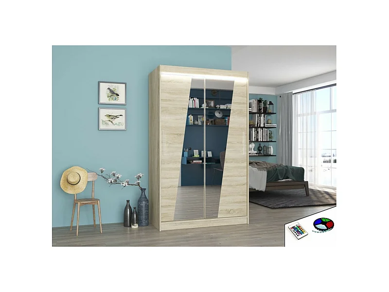 Armoire Lexas (120cm)/portes coulissantes/miroir/LED/Sonoma