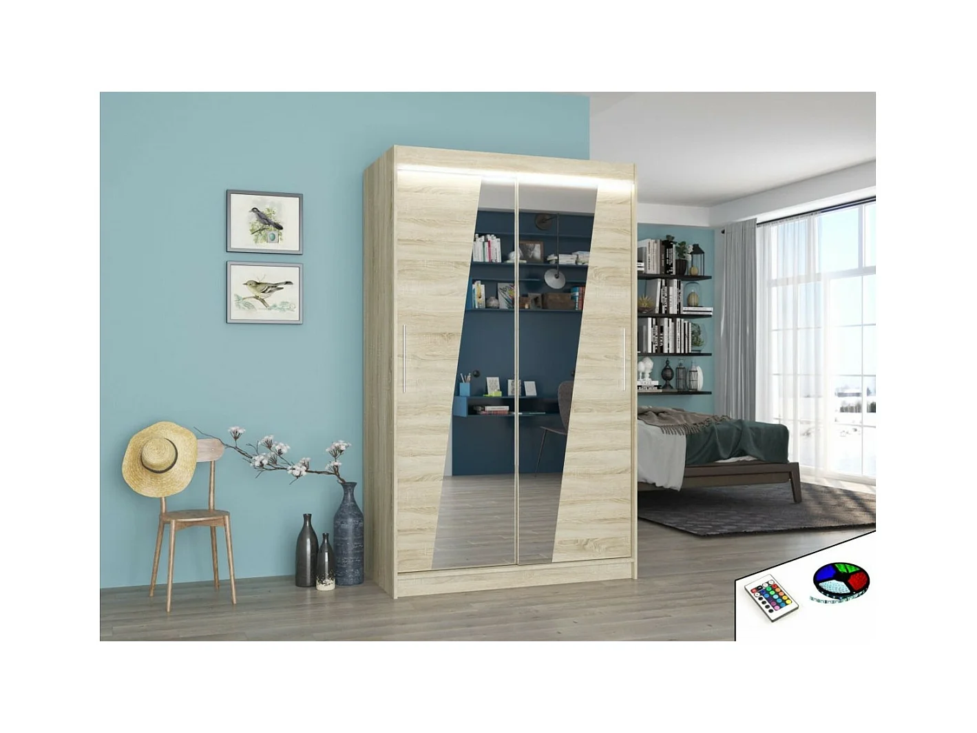 Armoire Lexas (120cm)/portes coulissantes/miroir/LED/Sonoma