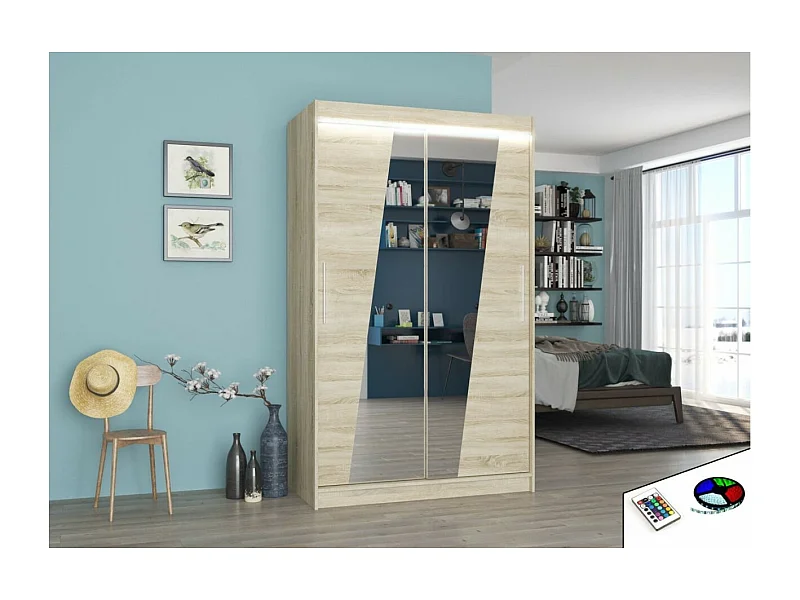 Kleiderschrank Lexas (120cm)/Schiebetüren/Spiegel/LED/Sonoma