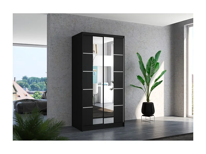 Armadio Saviro (100cm)/ante scorrevoli/specchio/Nero