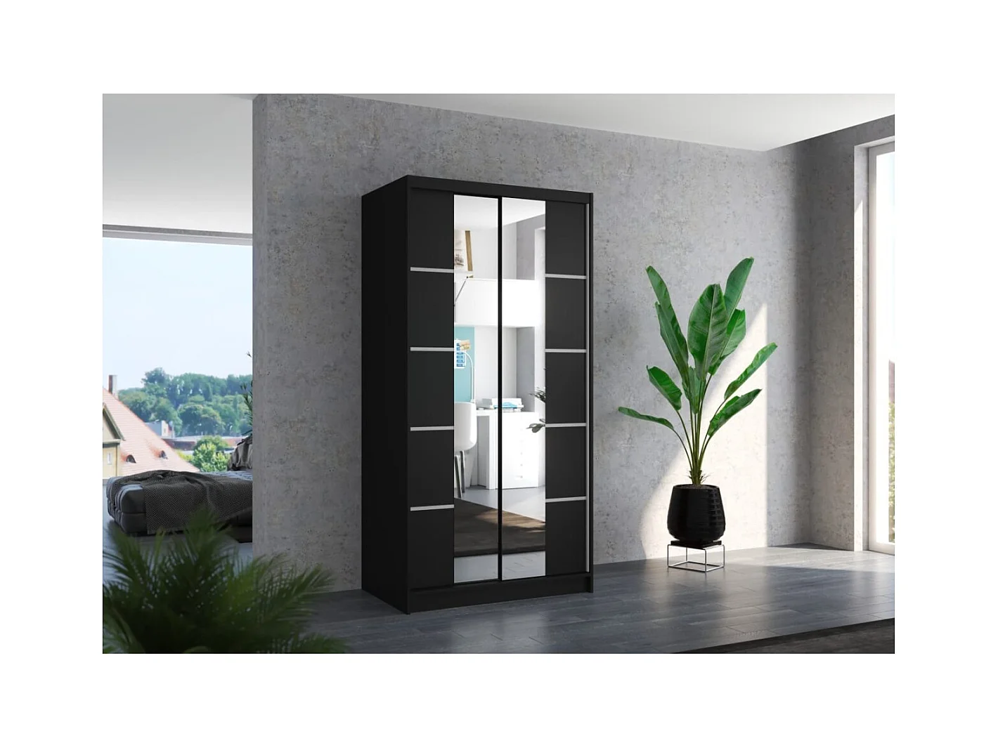 Armadio Saviro (100cm)/ante scorrevoli/specchio/Nero