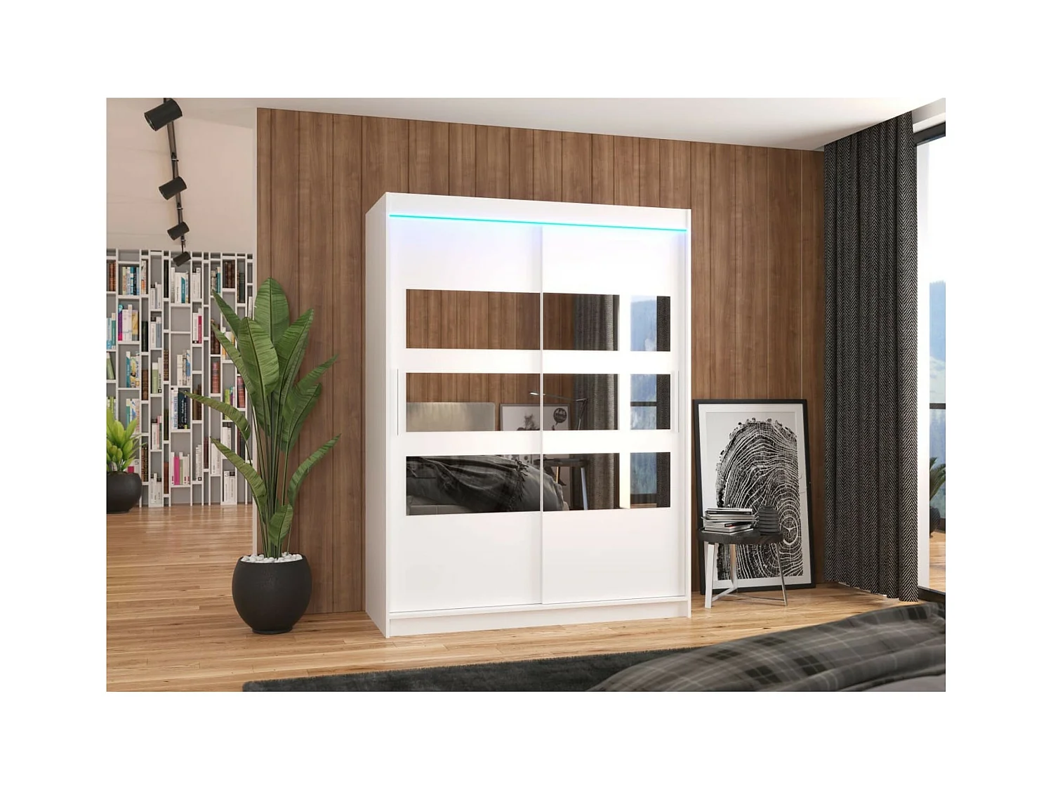 Kleiderschrank Florian (150cm)/Schiebetüren/Spiegel/LED/Weiss