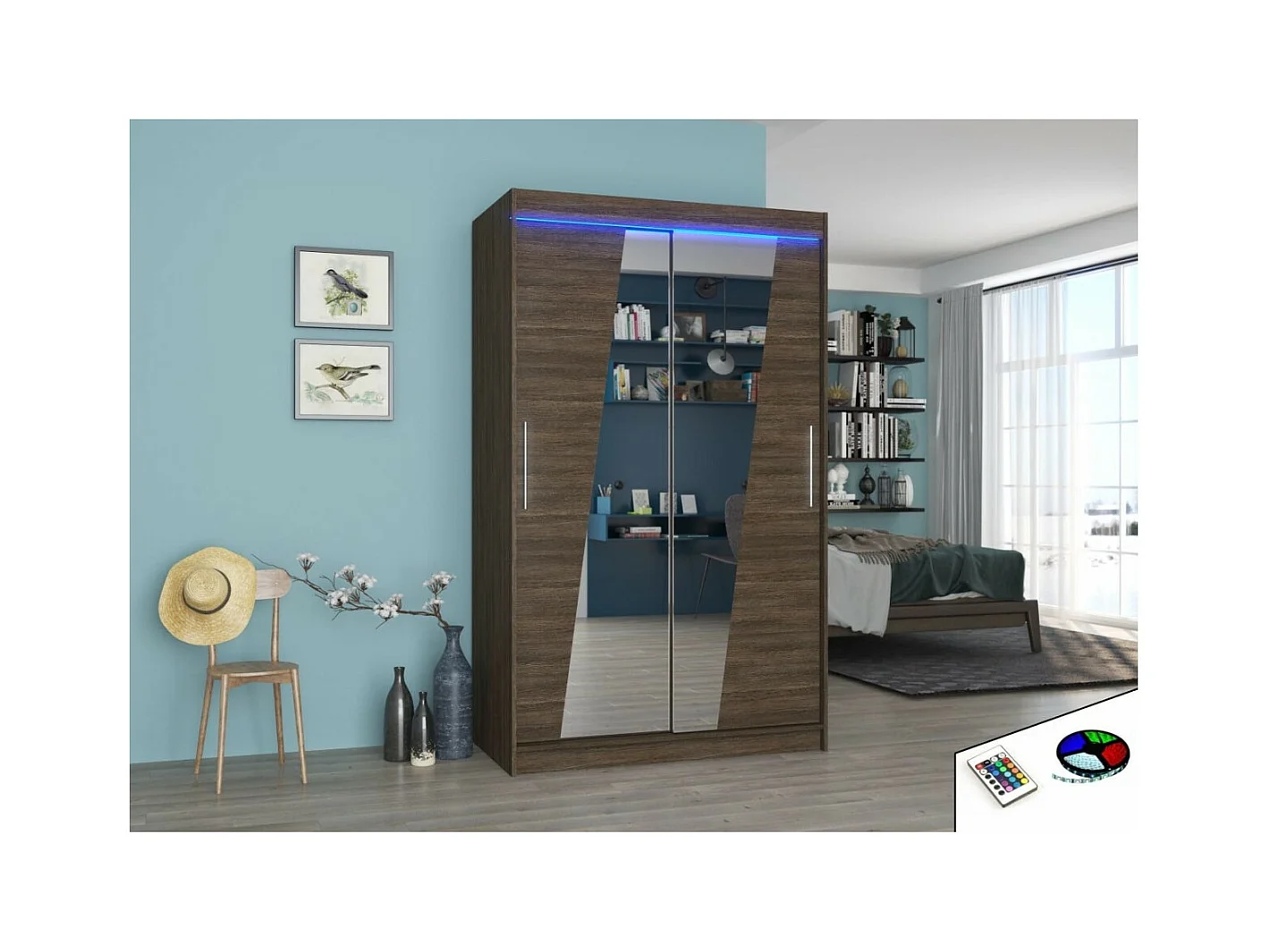Armoire Lexas (120cm)/portes coulissantes/miroir/LED/Marron