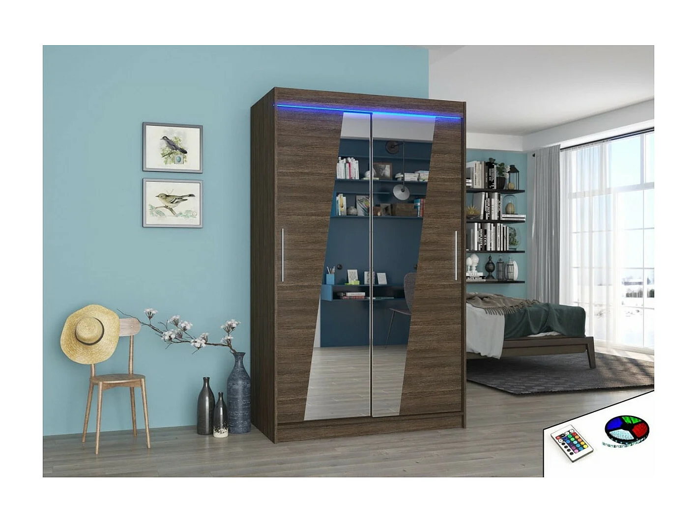 Kleiderschrank Lexas (120cm)/Schiebetüren/Spiegel/LED/Braun