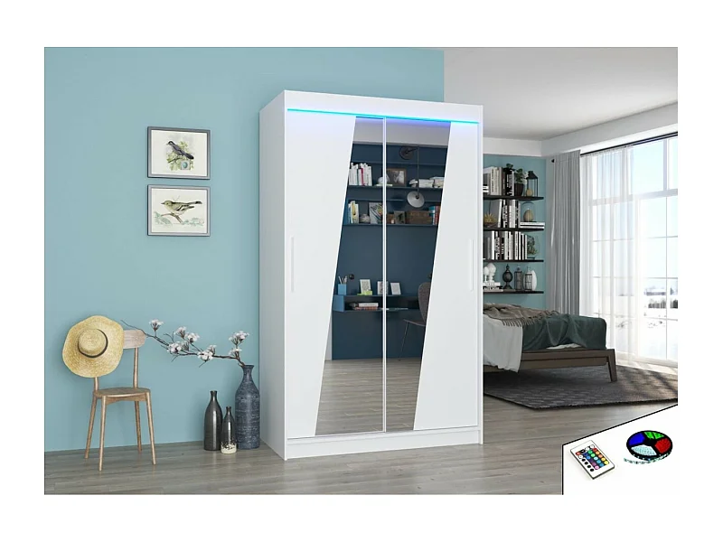 Armoire Lexas (120cm)/portes coulissantes/miroir/LED/Blanc
