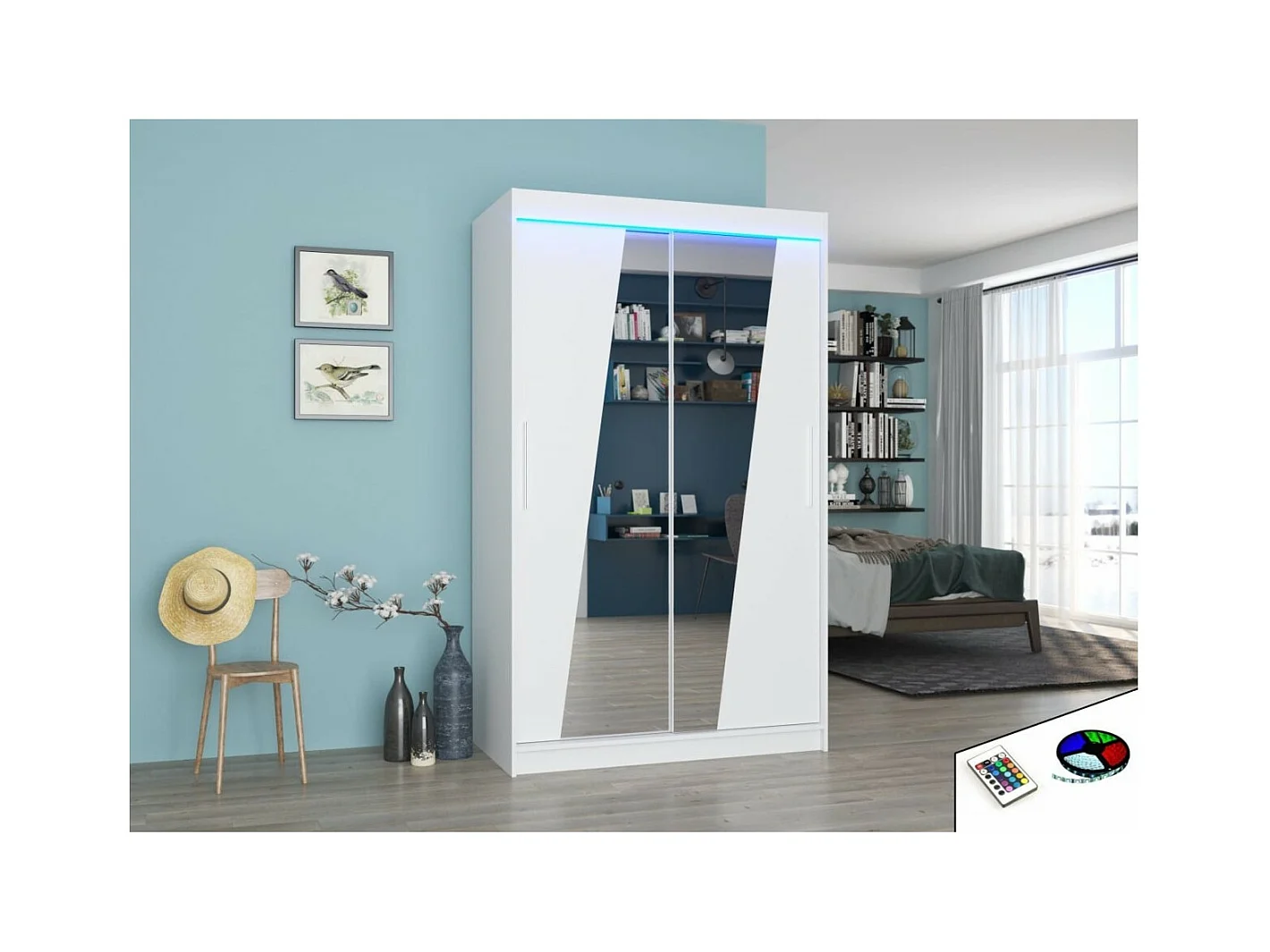 Armoire Lexas (120cm)/portes coulissantes/miroir/LED/Blanc