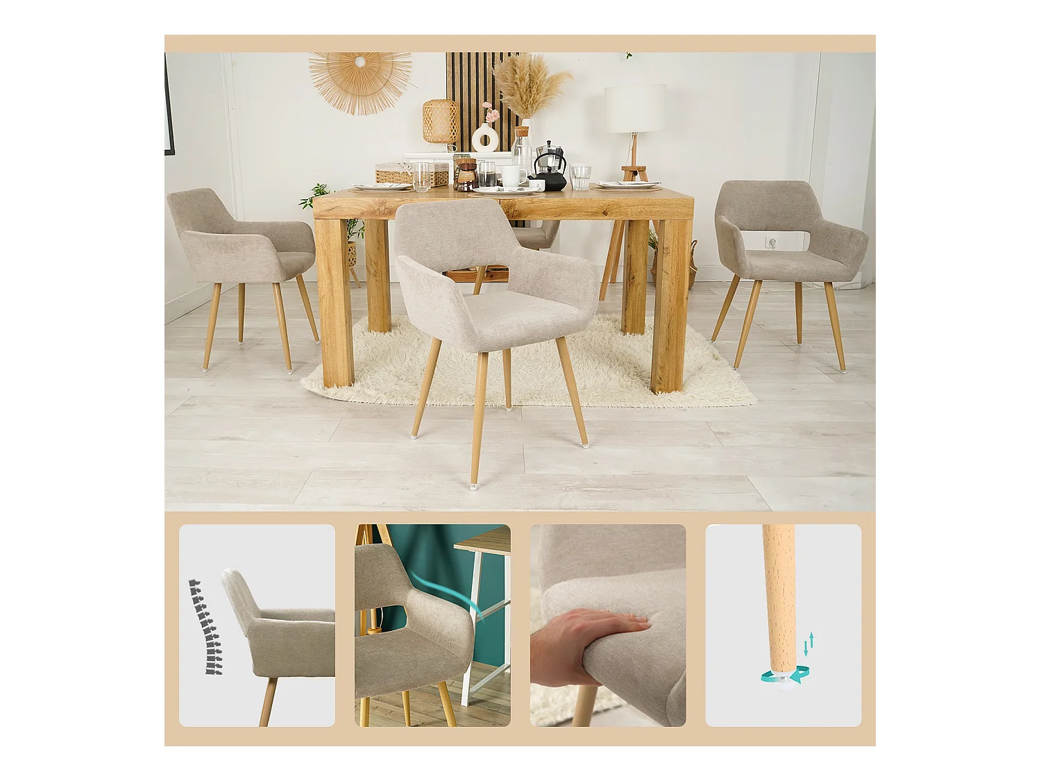 Lot de 6 chaises de salle à manger fauteuils en tissue beige style scandinave,CROMWELL