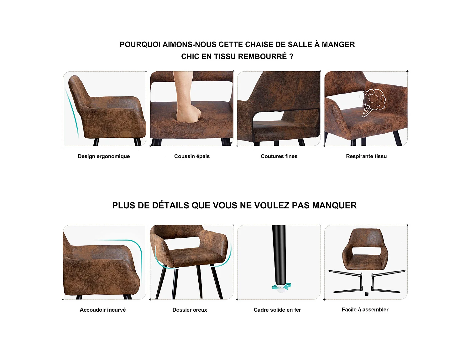 Lot de 6 chaises de salle à manger fauteuils en microfibre style rétro industriel,CROMWELL