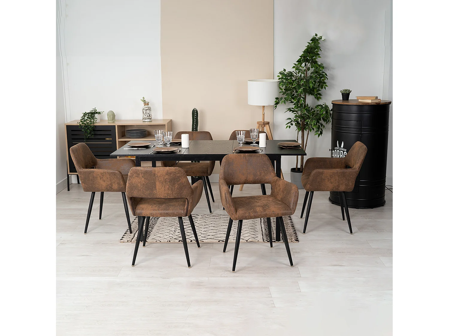 MEUBLES COSY Lot de 6 chaises de salle à manger fauteuils rétro vintage avec assise rembourrée en suédine, pieds en métal, Brune Marron CROMWELL