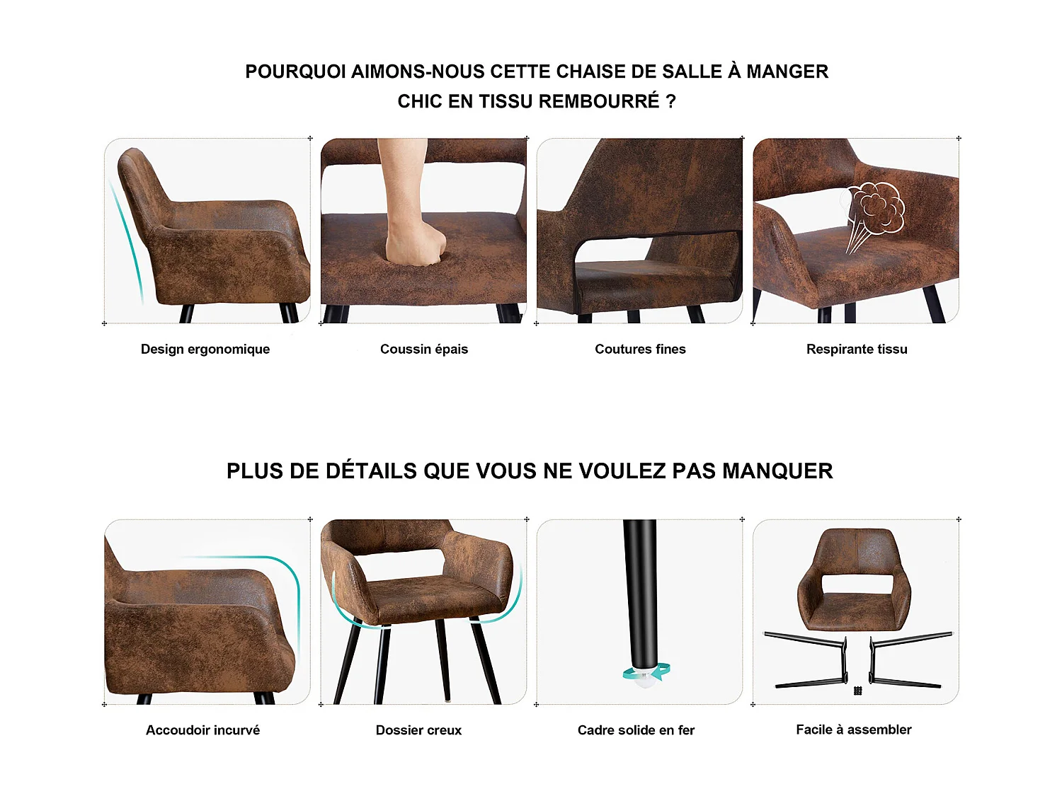 MEUBLES COSY Lot de 6 chaises de salle à manger fauteuils rétro vintage avec assise rembourrée en suédine, pieds en métal, Brune Marron CROMWELL