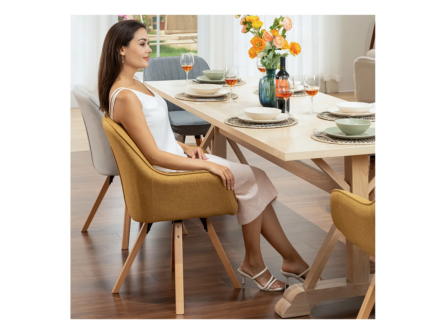 Lot de 2 fauteuil de salle à manger rotatif style scandinave en jaune tissu,CARSON