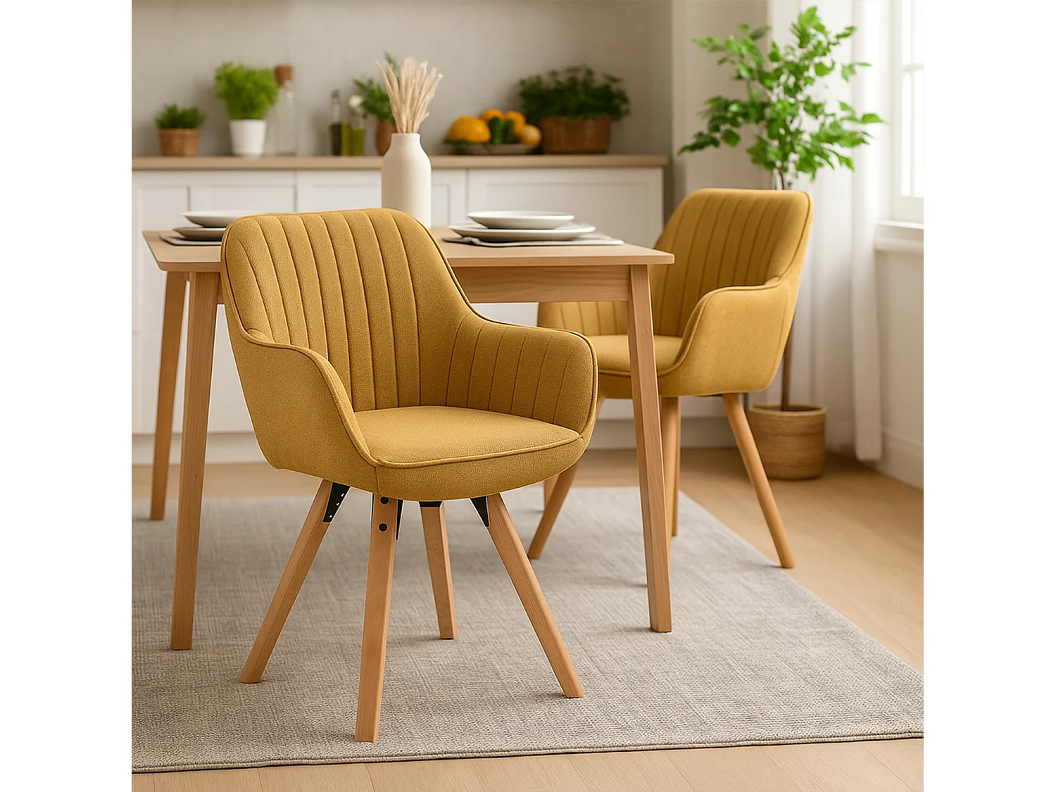 Meubles Cosy CARSON Lot de 2 fauteuils de salle à manger pivotants style scandinave tissu jaune