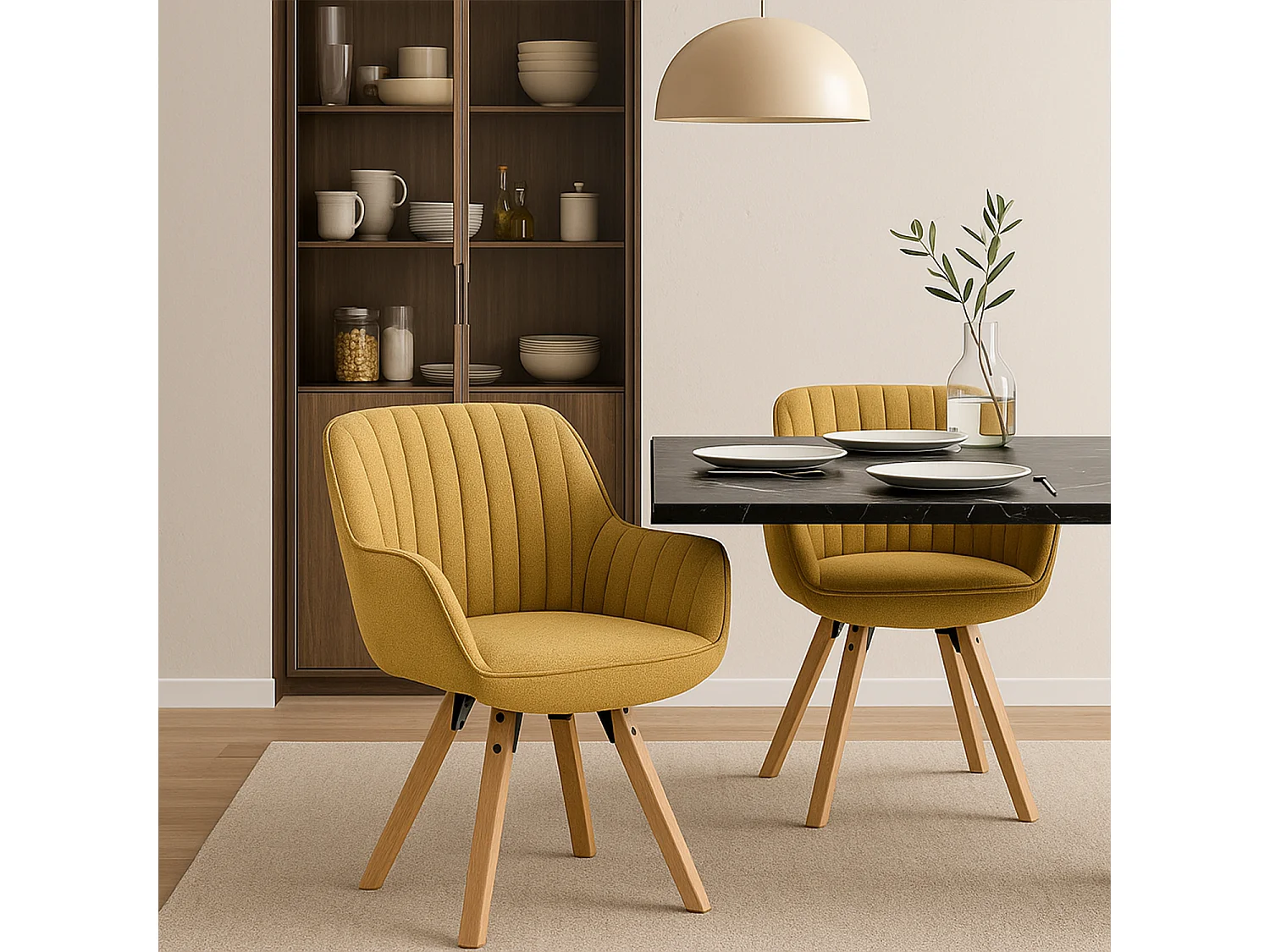 Meubles Cosy CARSON Lot de 2 fauteuils de salle à manger pivotants style scandinave tissu jaune