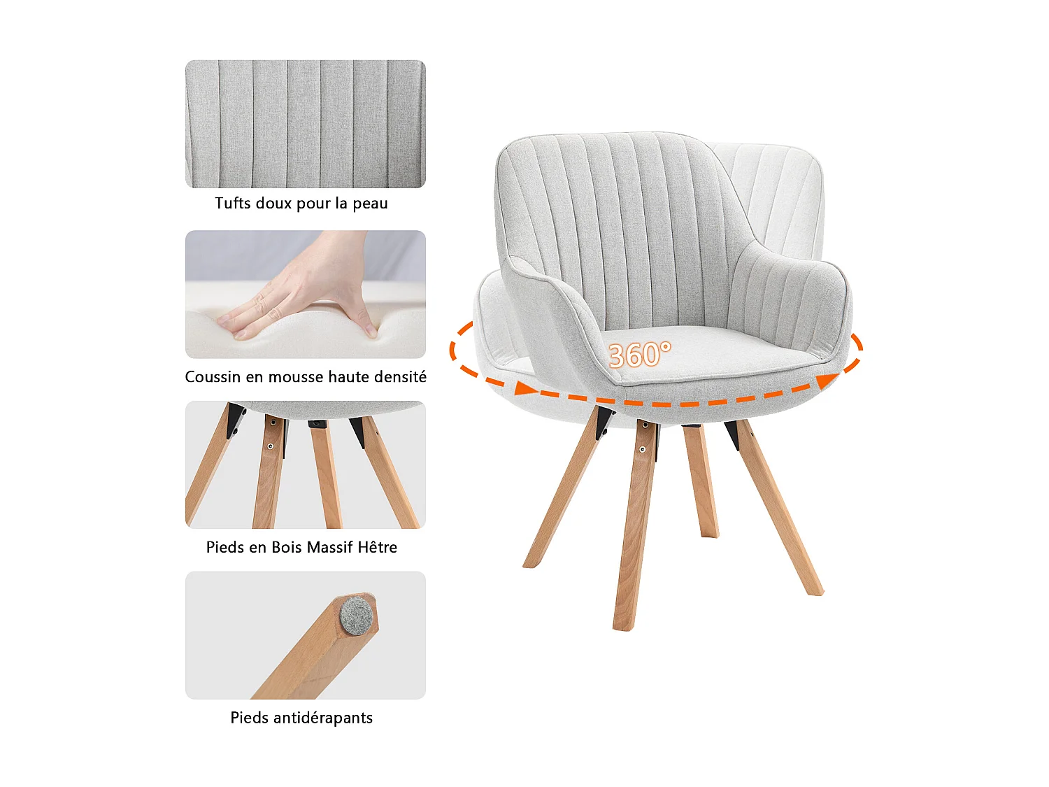 Lot de 2 fauteuil de salle à manger rotatif style scandinave en beige tissu,CARSON