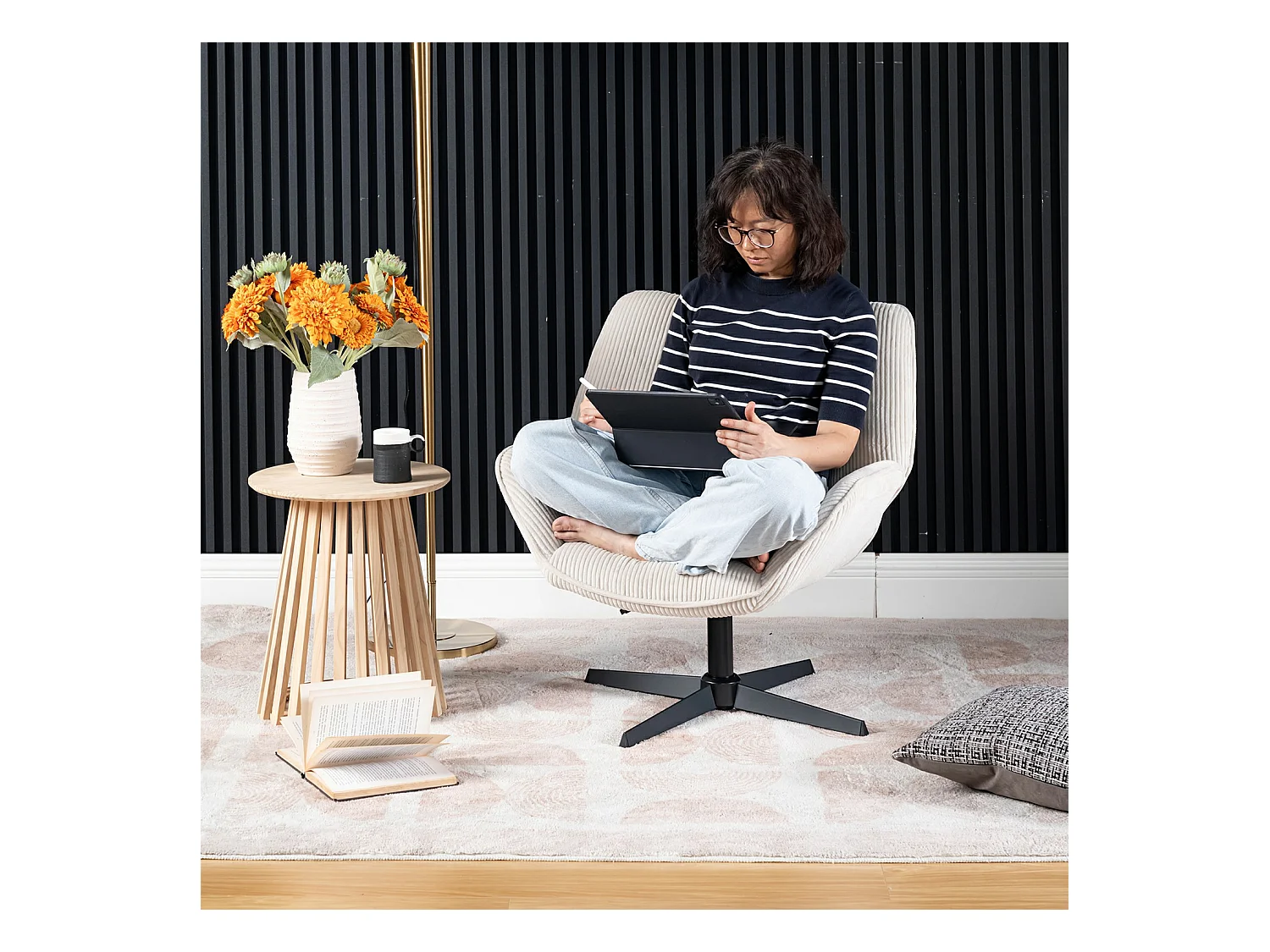 Fauteuil pivotant réglable en hauteur sans accoudoir en velours côtelé,DUROTHIL