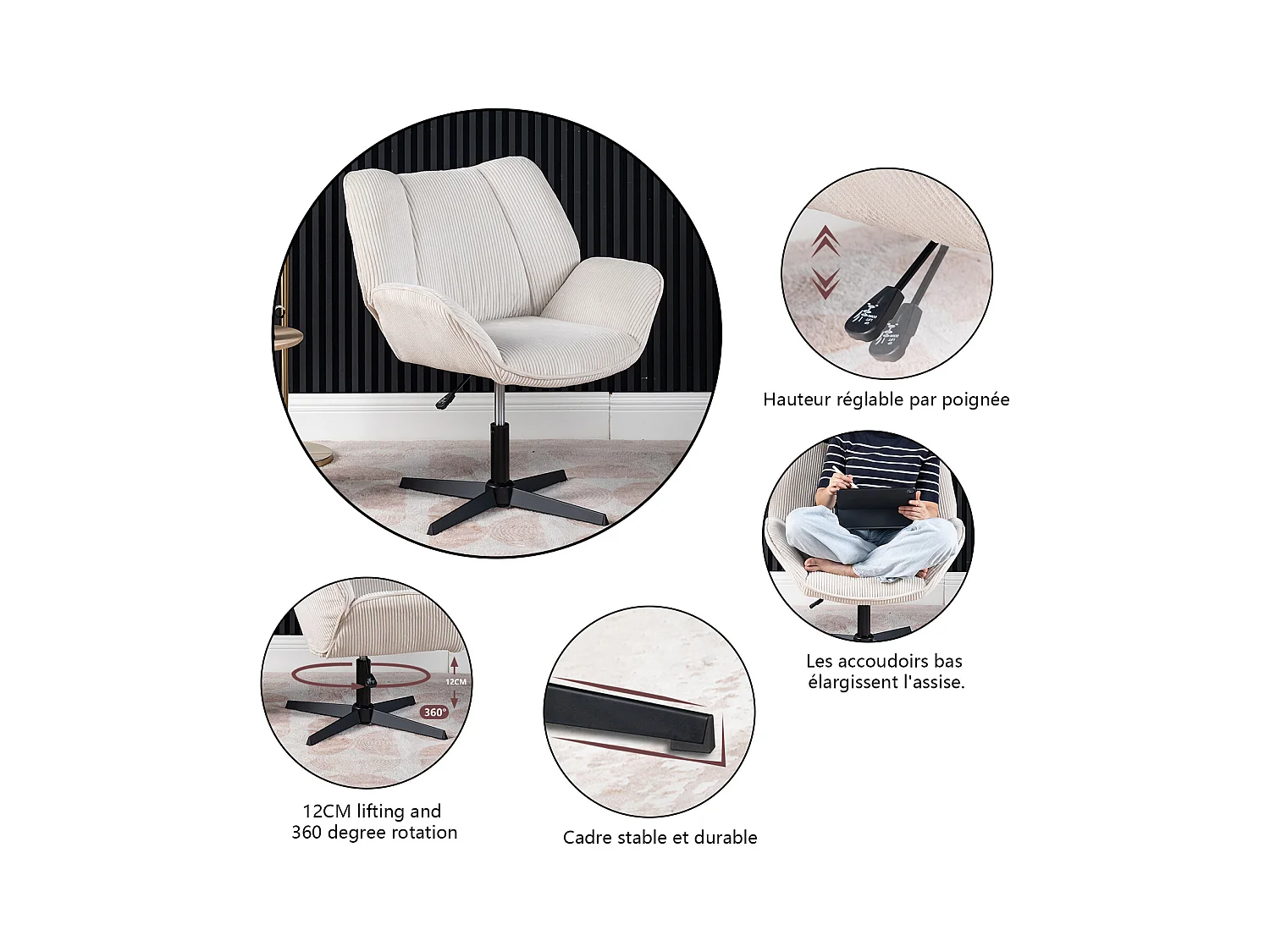 Fauteuil pivotant réglable en hauteur sans accoudoir en velours côtelé,DUROTHIL