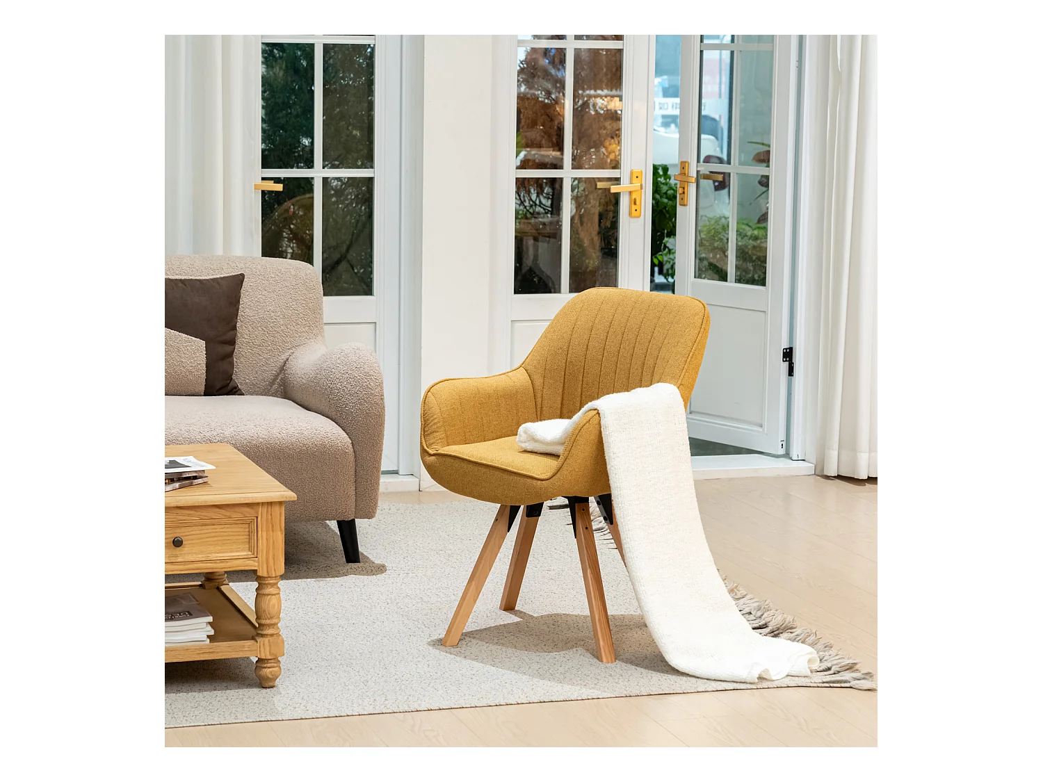 Fauteuil pivotant en tissu style scandinave pied en bois de hêtre,CARSON