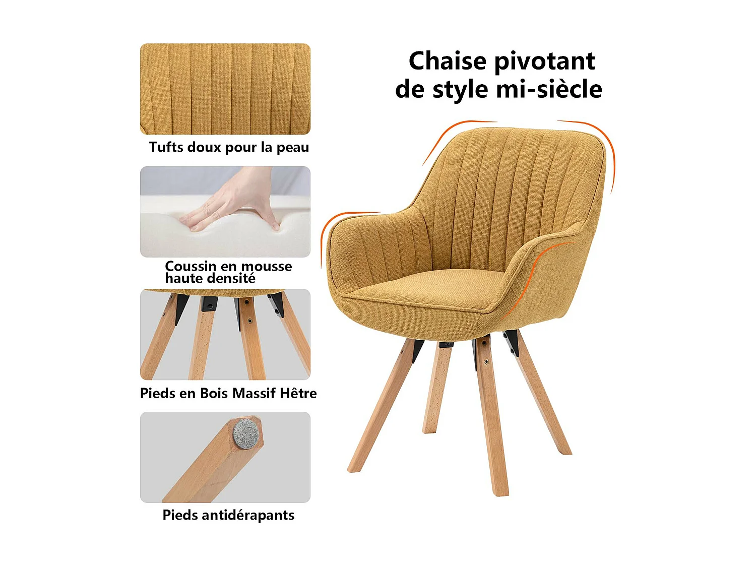 Fauteuil pivotant en tissu style scandinave pied en bois de hêtre,CARSON