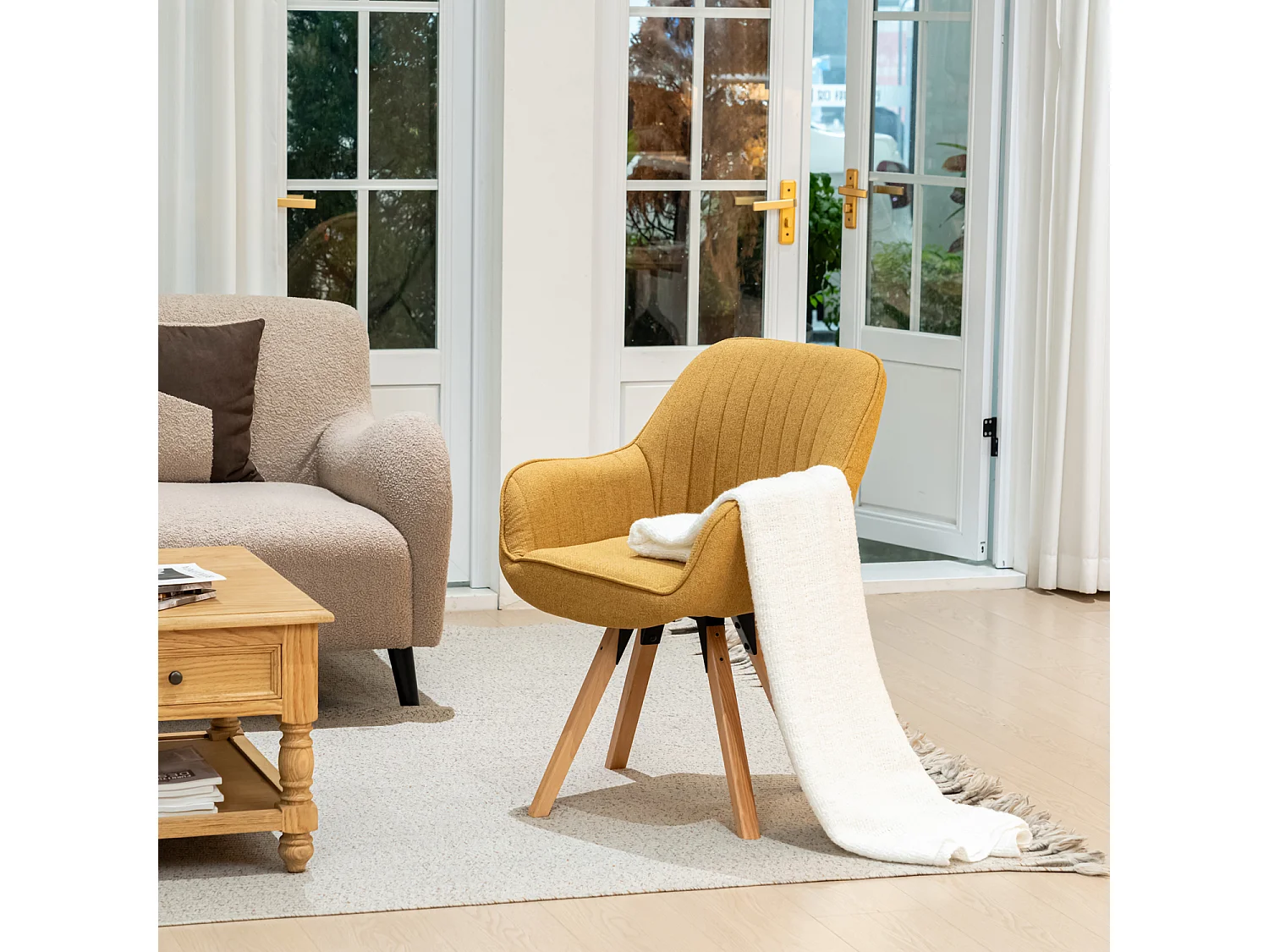 Fauteuil pivotant en tissu style scandinave pied en bois de hêtre,CARSON