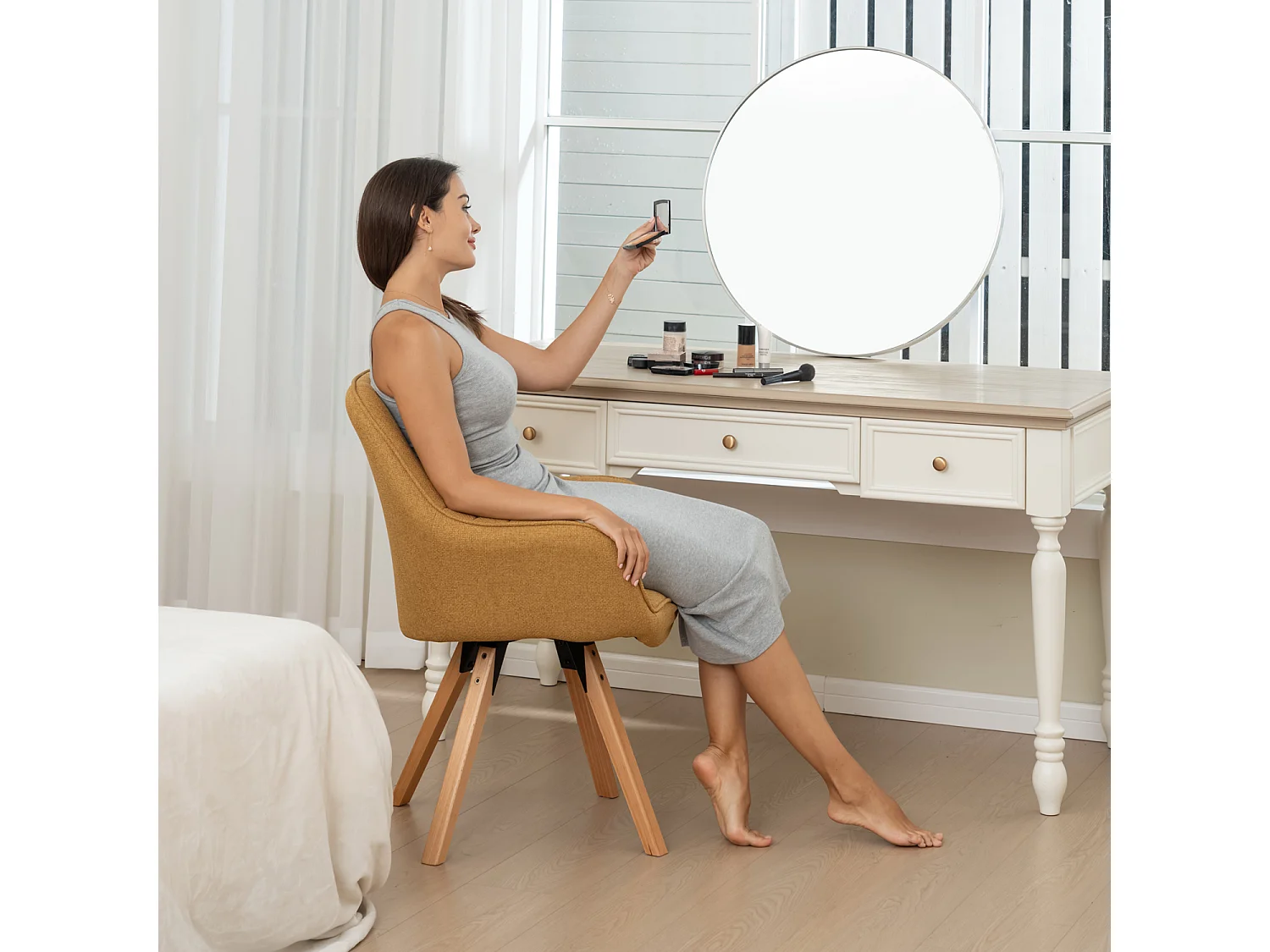 Fauteuil pivotant en tissu style scandinave pied en bois de hêtre,CARSON