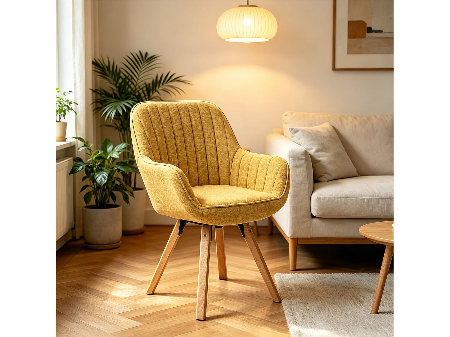 Meubles Cosy CARSON Fauteuil pivotant en tissu jaune style scandinave pieds bois de hêtre
