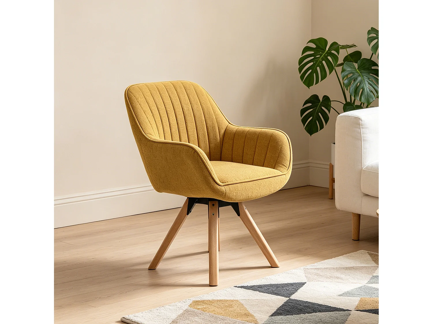 Meubles Cosy CARSON Fauteuil pivotant en tissu jaune style scandinave pieds bois de hêtre