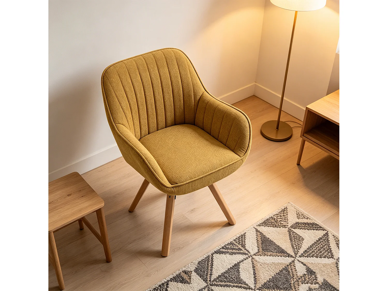 Meubles Cosy CARSON Fauteuil pivotant en tissu jaune style scandinave pieds bois de hêtre
